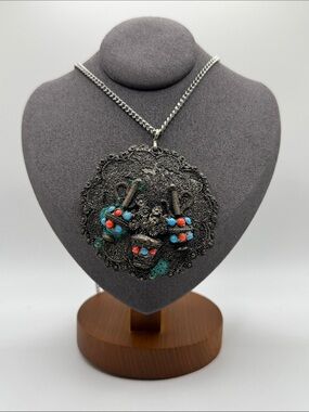Vintage Etruscan Style Pitcher & Flowers Pendant Necklace